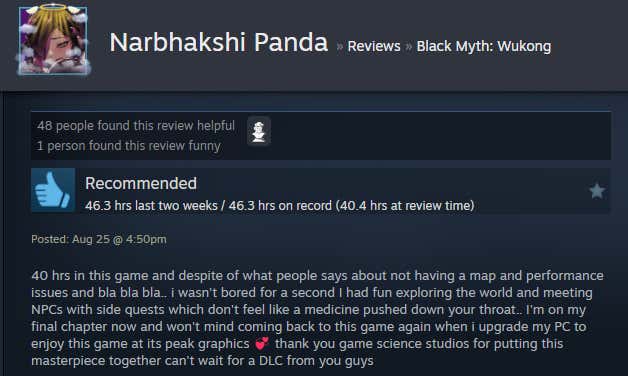 Screenshot of the article titled Dark Legend: Wukong, as reported by Steam Reviews